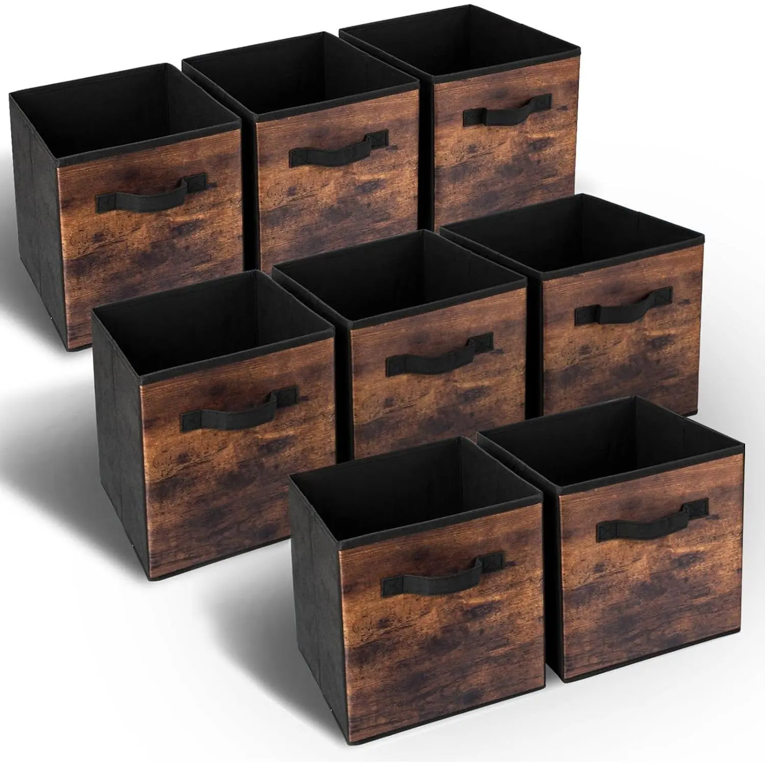 13 Inch Fabric Storage Cubes, 8 Pack Foldable Storage Bins with Handle, Storage Baskets Box for Shelves, Closet, Organizer, Rustic Brown and Black