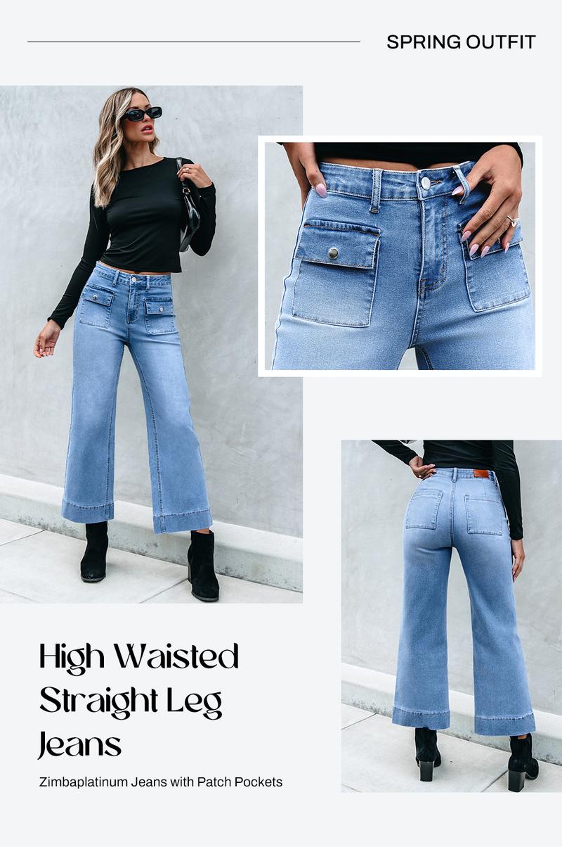 Sidefeel Women's Wide Leg Jeans High Waisted Stretchy Zimbaplatinum Jeans with Patch Pockets TikTokShopBlackFriday
