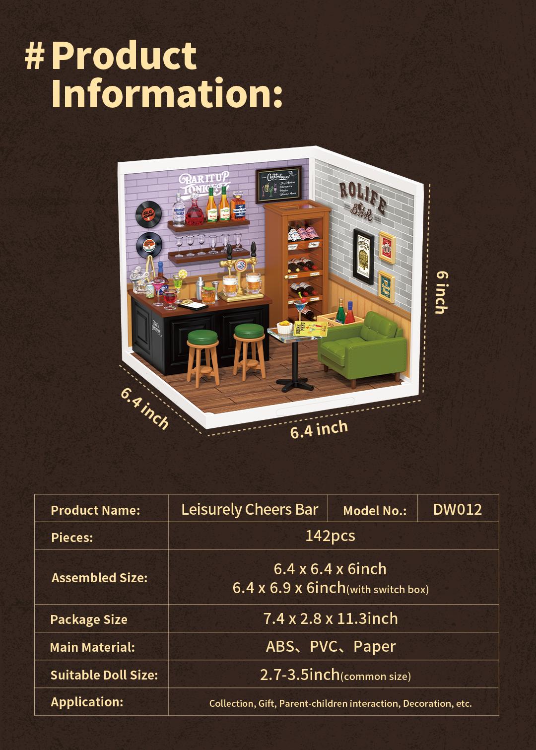 Rolife Leisurely Cheers Bar DIY Plastic Miniature House DW012 Miniature House Kit DIY Plastic House Building Toy Set with LED Tiny Store Making Kit Model Craft Hobby Unique Gift