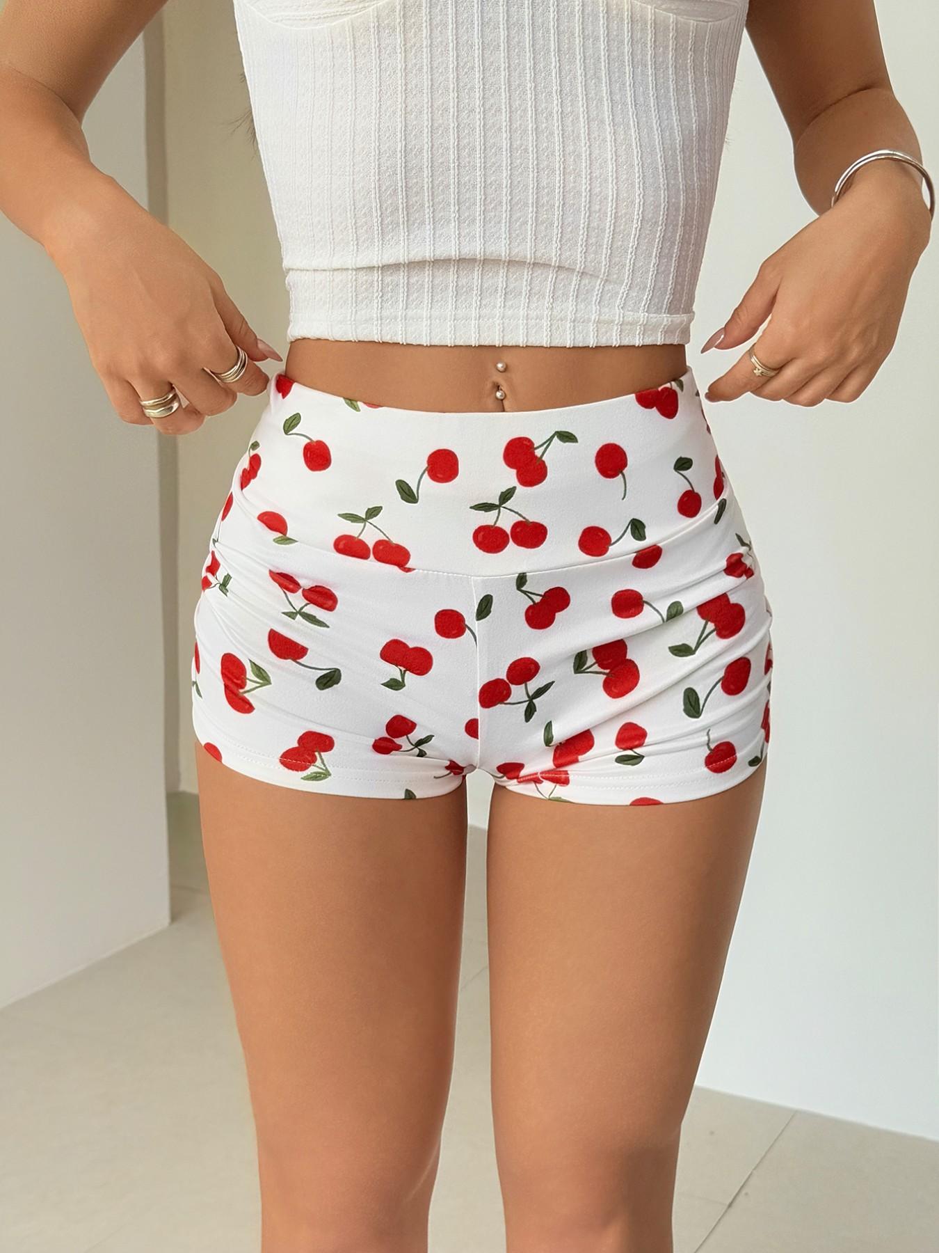 Women's Summer Casual Cherry Print Pleated Slim Fit Shorts, Comfortable and Stylish Short Pants for Daily Wear, Perfect for Warm Weather