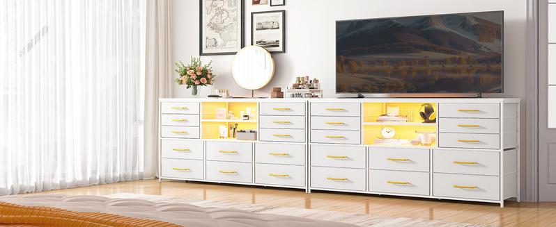 Raybee Furniture TV Stand for 60" TV Dresser with LED Lights & Power Outlet Entertainment Center with 12 Fabric Drawers for Bedroom, Living Room