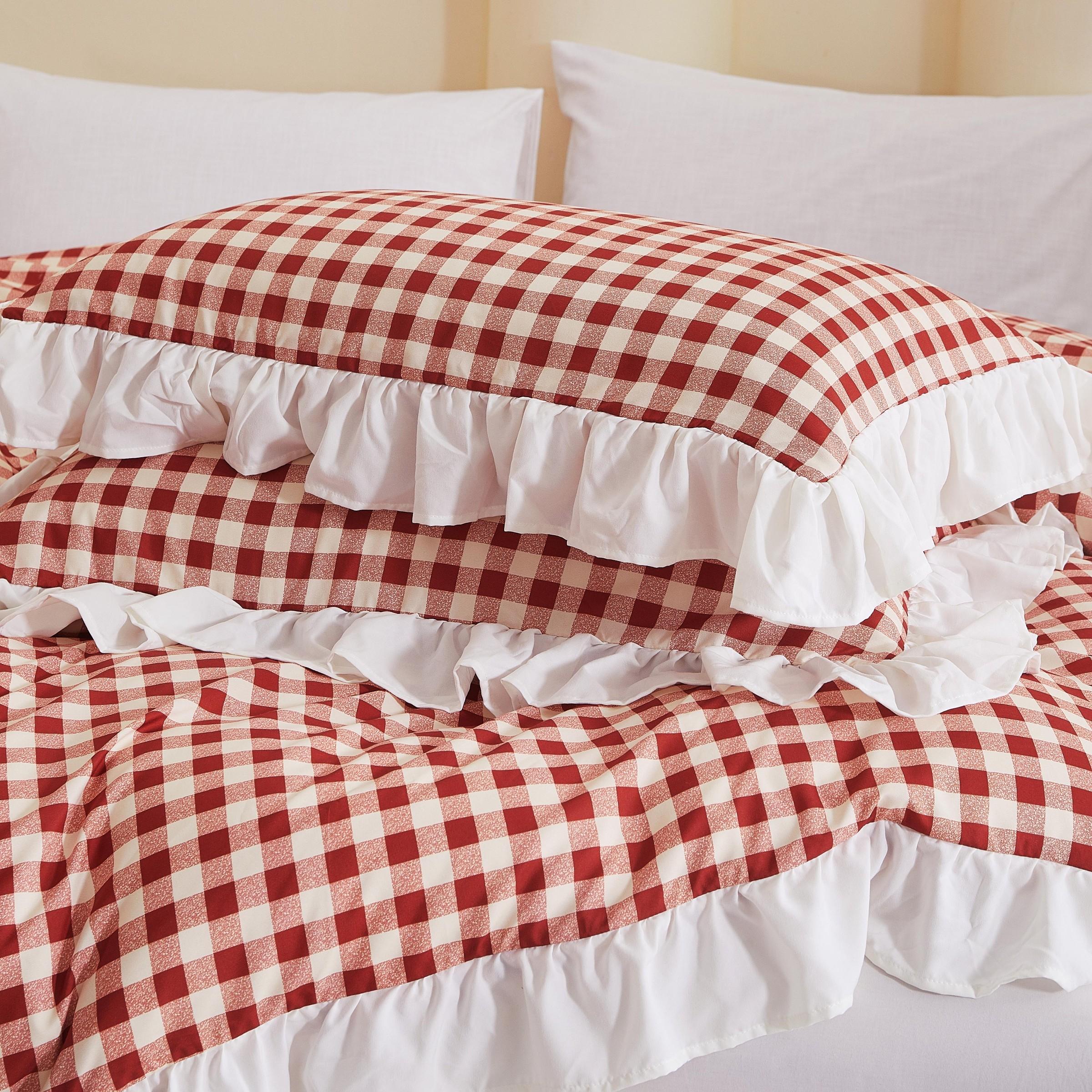 3Pcs Pink Orange Plaid Bedding Set with Ruffle Design, 1 Duvet Cover + 2 Pillowcases, No Filler, Soft Comfortable Fabric for Bedroom Decor