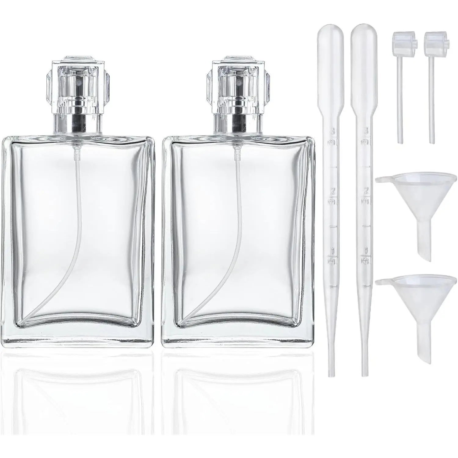 2 Pack Refillable Glass Perfume Spray Bottles, 100ml/3.4oz Fine Mist Atomizer | Empty Square Clear Glass Bottles for Cologne, Essential Oil & TravelGift