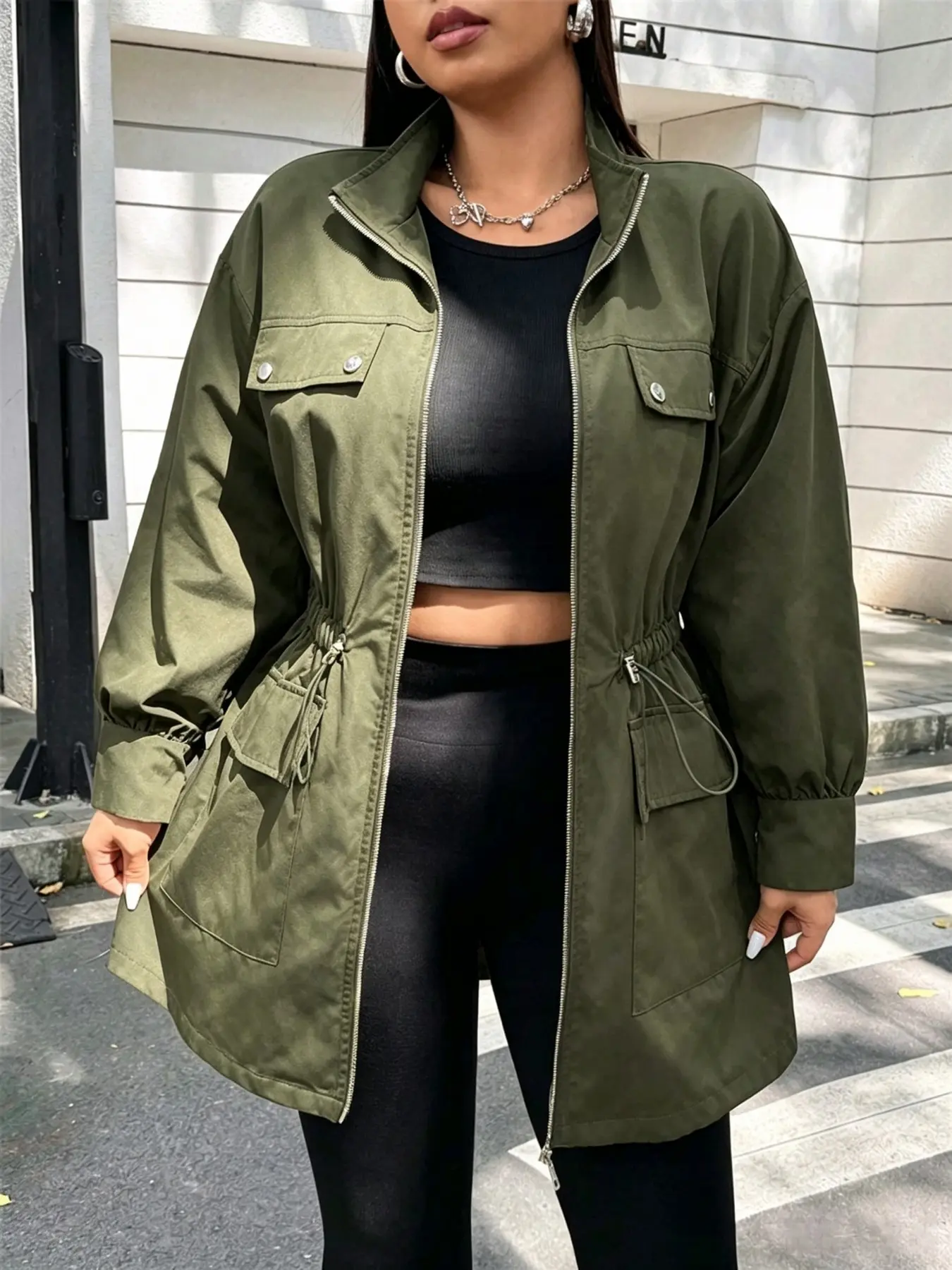 Plus Size Workwear Windbreaker Jackets Women's Mid-Length Stand Collar Drawstring Waist Slim Fit Multi-Pocket Coat