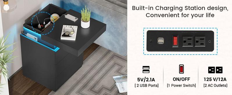 Sikaic Nightstand With Sliding Top Charging Station And LED Lights Bedside Cabinet Modern Dressing Table
