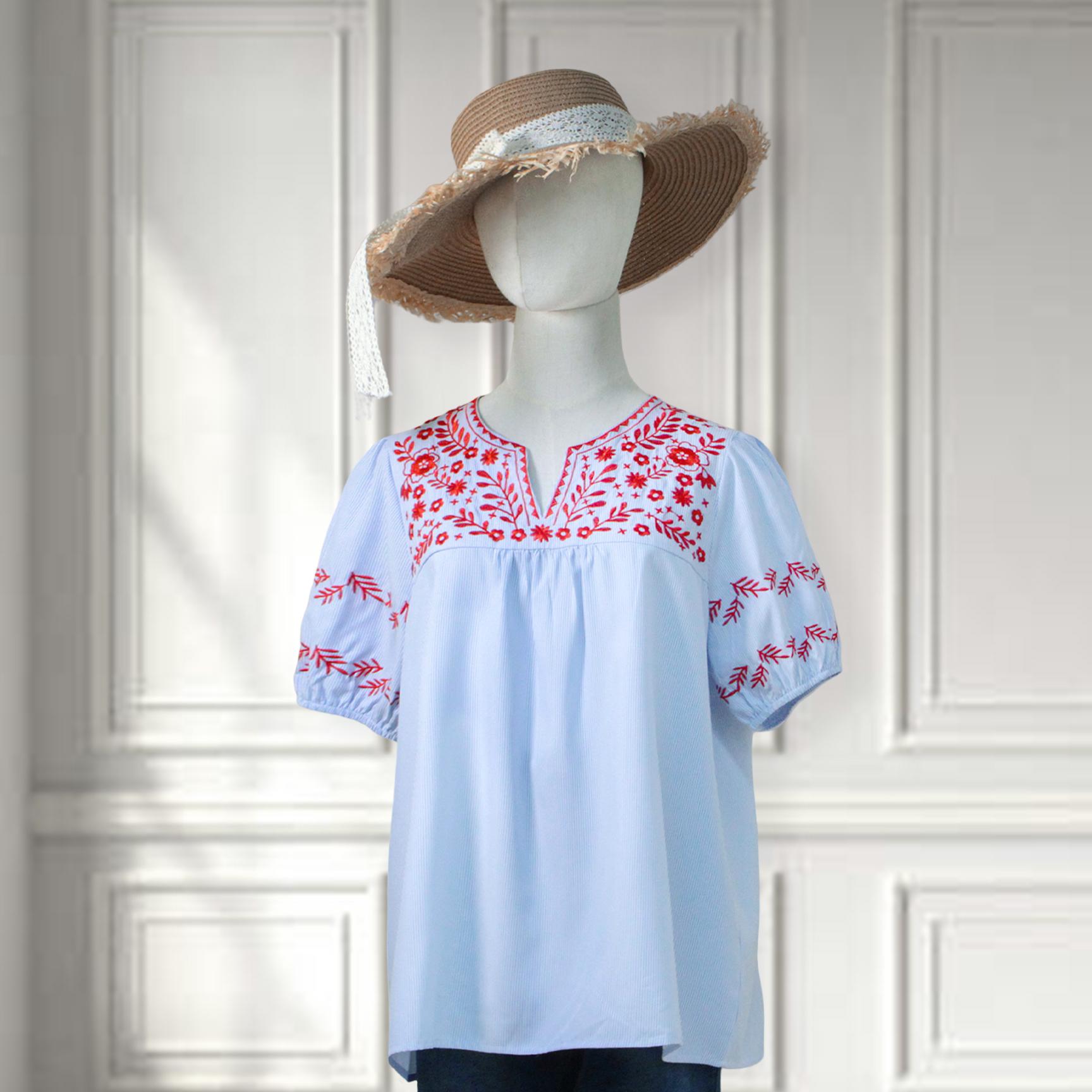 SageVell Boho Striped Blouse with Delicate Red Floral Embroidery, Puff Sleeves & Chic V - Neck, Feminine Cute Blouse Women's Top Shirts Medium