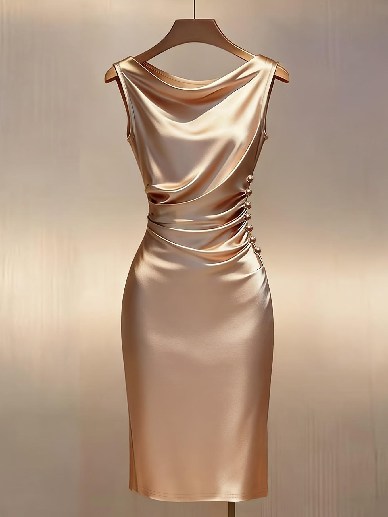 Summer Knit Satin Dress, Champagne Color, Halter Neck, Sleeveless, Waist Cinch, Midi Length, Pleated Design, Button Detail, Evening Gown, Ffsp2640