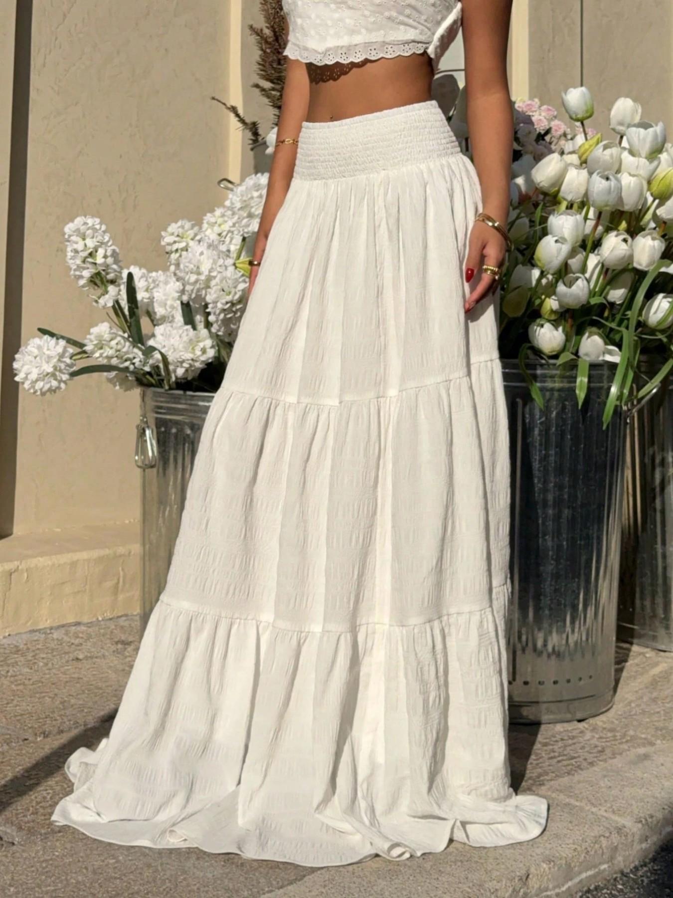 Women's Textured High Waist Cake Skirt, Boho Style Long Skirt, Elastic Waist, A-Line Slimming Fit, Spring & Fall Fashion