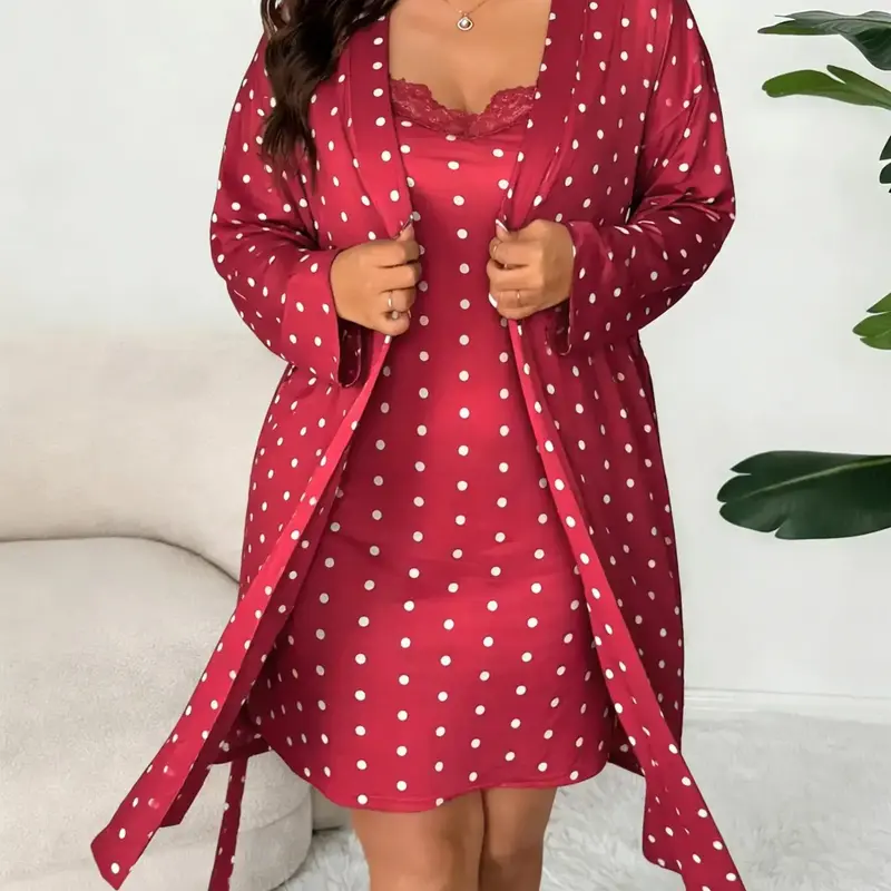 Plus Size Women's Nightwear Set, Floral Print Lace Nightdress + Long Robe, Comfortable Soft Home Sleepwear, Casual Fitted Style, Long Sleeve