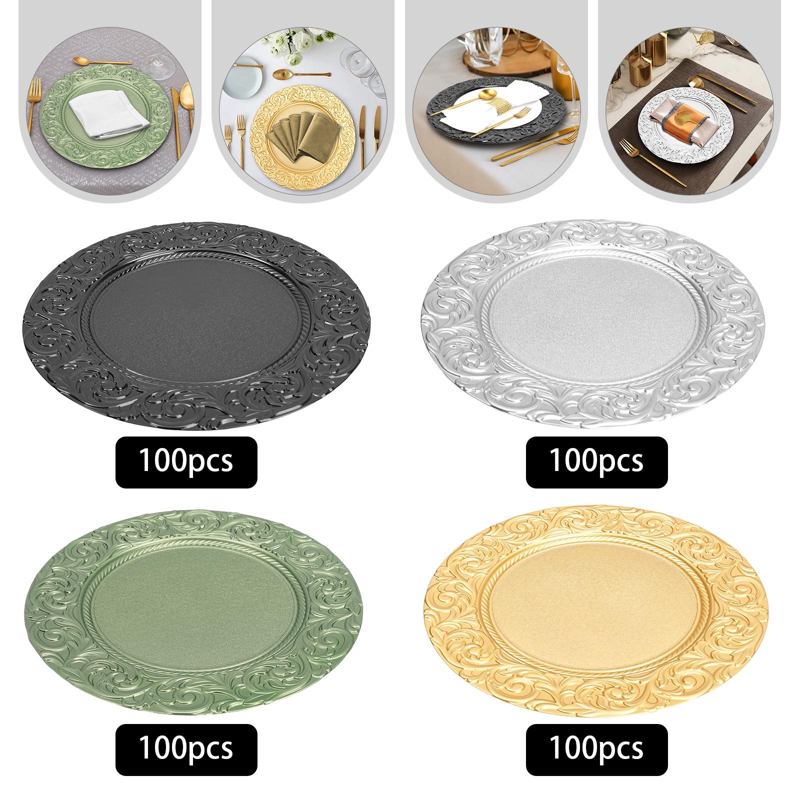 100 Pcs Gold/Sliver/Green/Black Charger Plates Set 13 Inch Round Plastic Serving Trays Reusable for Wedding Banquet Party Decorations