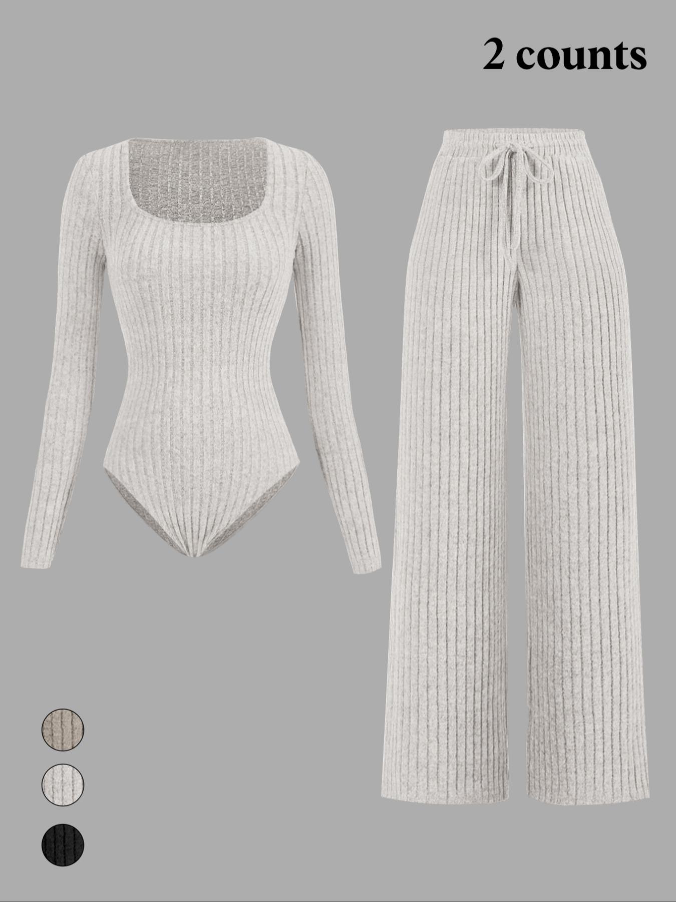 Women's Slim-Fit Solid Color Ribbed Fleece Bodysuit and Wide-Leg Pants Set, Fashionable Comfortable Fabric for Daily Wear