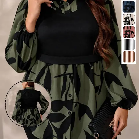Plus Size Floral Leaf Print Two-In-One Top, Casual Long Sleeve Bishop Sleeves, Fashionable Fall/winter Women's Clothing Blouse