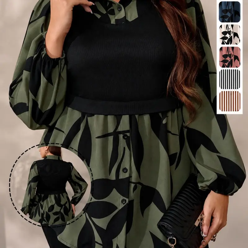 【Black Friday】Plus Size Floral Leaf Print Two-In-One Top, Casual Long Bishop Sleeves, Fashionable Fall & Winter Women's Blouse
