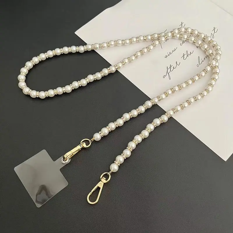 120cm Mobile Phone Lanyard Pearl Crossbody Necklace Chain Strap Hand-beaded Universal Buckle Clip for iphone Samsung Phone Case