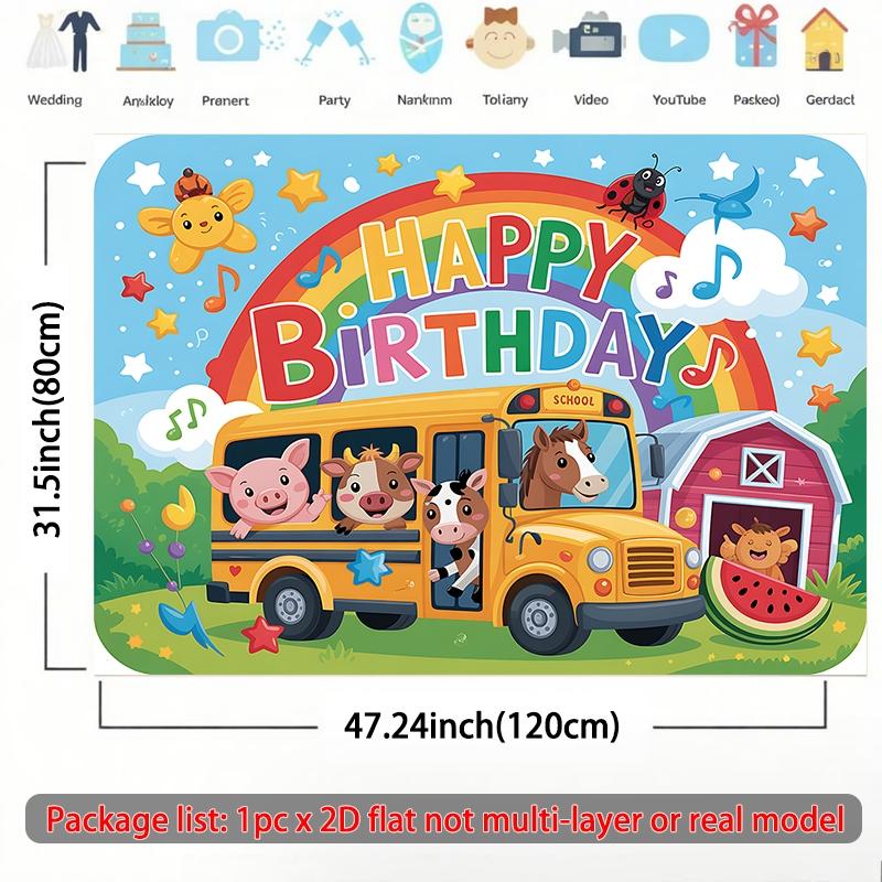 2D flat banner, 1pc Happy birthday with animals bus. Background Decoration Background Photo Props, Polyester Banner Decor, Home Decor, Room Decor, Wall Decor, birthday Party Background Decor, Party Decor/supplies/gifts Decorative Background