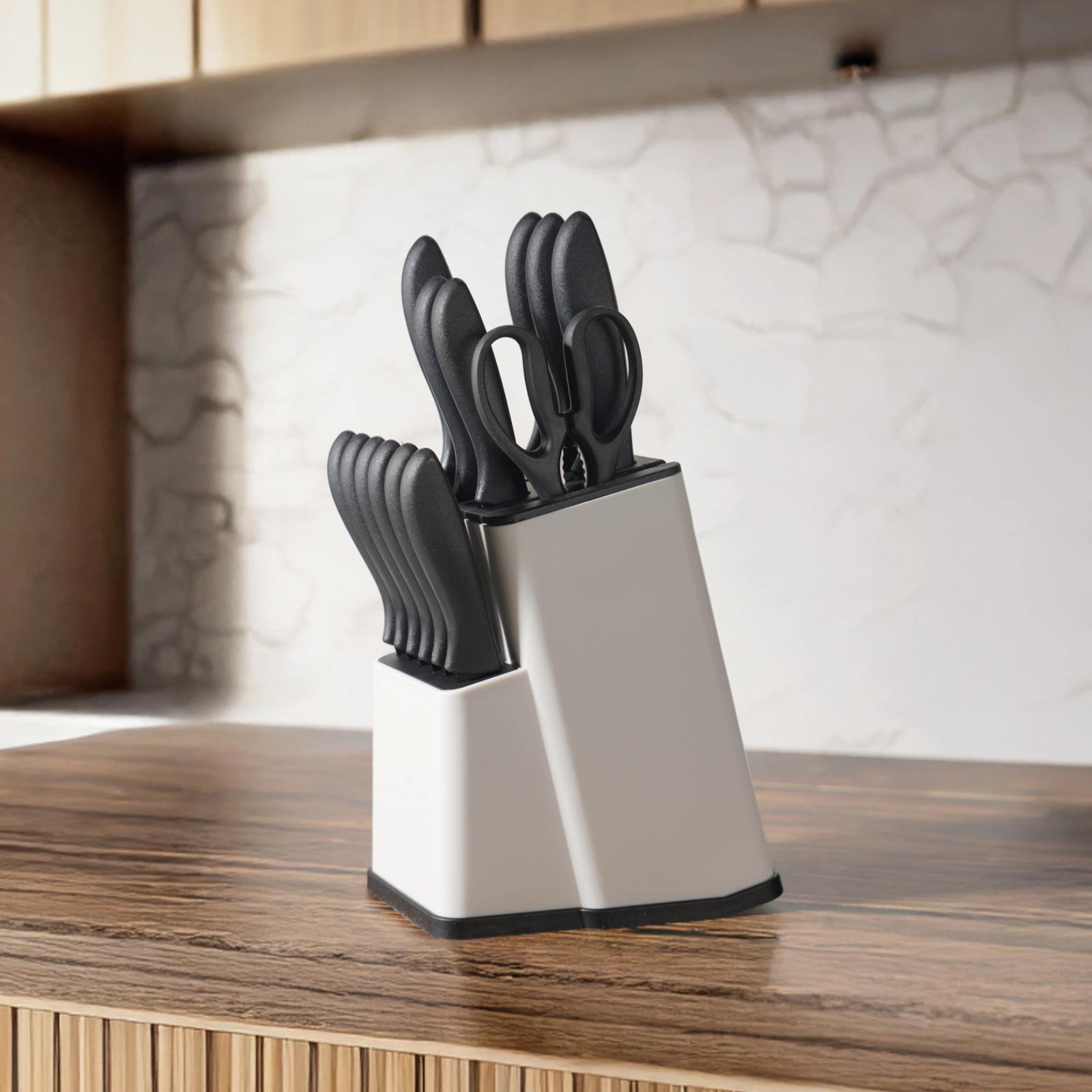 15 Pieces, Knife Set, Plastic Handle, Plastic Storage Holder,  Scissors, with Sharpener, Meat and Vegetable Cutter, Steak Cutter, Washable, Gift Set Utensils Modern Kitchen Container