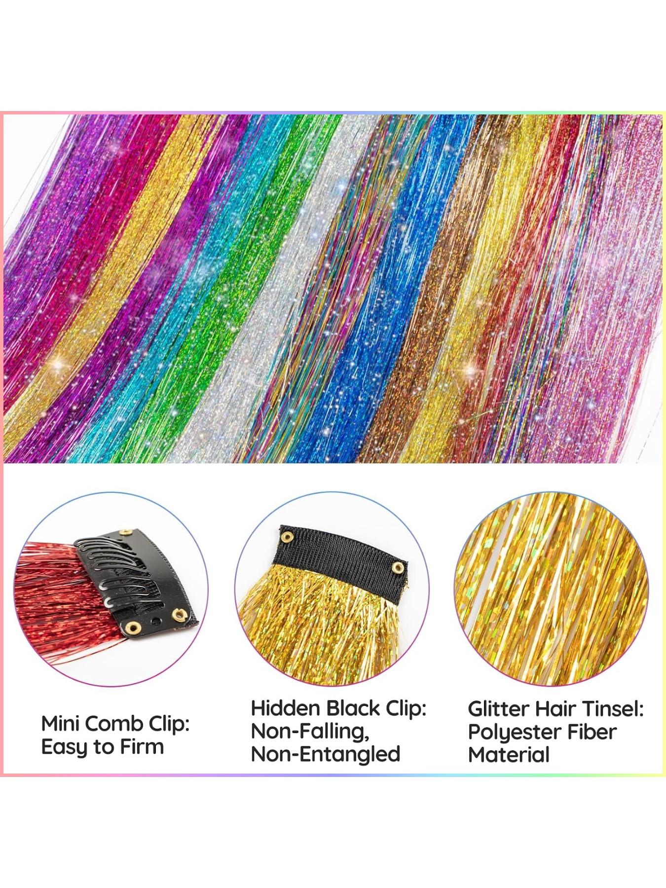 Rainbow Hair Tinsel Pack of 12 Pcs Clip in Hair Tinsel 20 Inch Glitter Tinsel Hair Extensions, Festival Tinsel Fairy Hair Extension Party Dazzle Hair Accessories Strands Kit Clip on Hairpieces