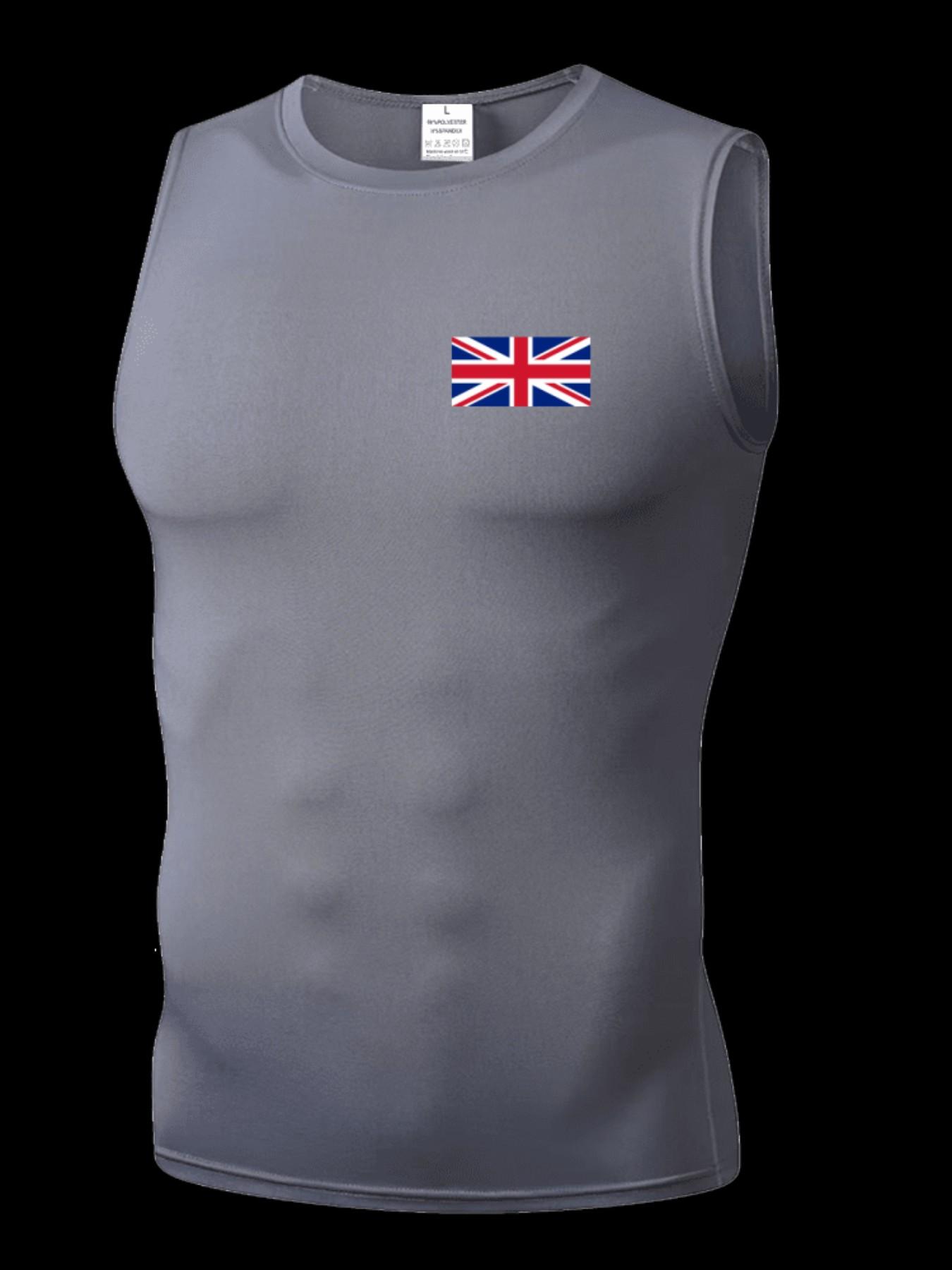 Men's Short Sleeve Sporty Top, Quick-Dry Breathable Slim Fit, Uk Pattern Print, Ideal for Gym, Running, Boxing, Outdoor Activities