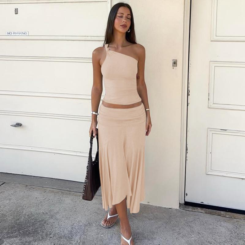 Women's Solid Color Cami Top & Skirt Two-piece Set, Sleeveless Top & Skirt, Ladies Summer Clothes for Daily Wear, Suits, Matching Skirt Set