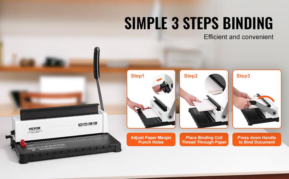 VEVOR Coil Spiral Binding Machine, Manual Book Maker 34-Holes Binding 120 Sheets, Punch Binder Adjustable 3/16 - 9/16 Coil Binding Spines, for Letter Size, A4, A5