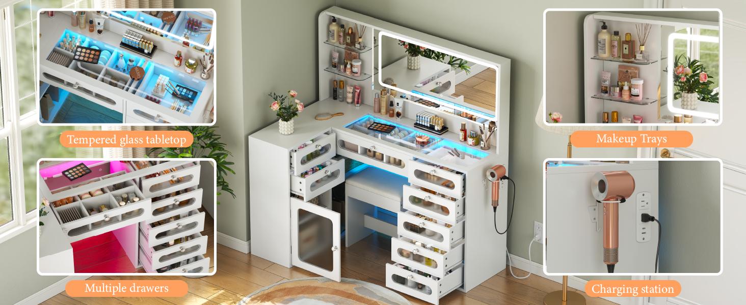 CollaredEagle Vanity Desk Set- L Makeup Vanity with Mirror and Lights 3 Lighting Modes, Large Dressing Table with 58Tempered Glass Drawers with Open Storage Shelves Vanity Table, White Upgraded