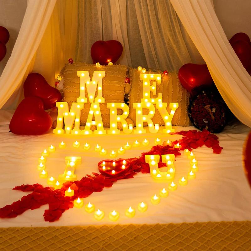 Marry Me Light Up Letters Proposal Decorations, Marry Me Sign with 24Pcs Flameless Candles 2000Pcs Red Fake Rose Petals 30Pcs Red Balloons for Valentine's Day Wedding Proposal Romantic Night Led Lighted Smooth Wall Ornaments Standing