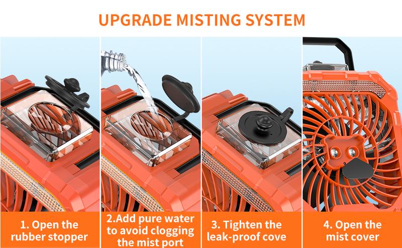 20000mAh Rechargeable Camping Fan with LED Light, Portable Multi-Function Fan with Spray Humidification, Shaking Head Emergency Camping Fan, Wireless Rotation, Battery Powered, Lightweight and Portable