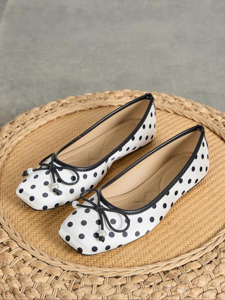 Women's Square Toe Mary Jane Shoes, Polka Dot Design, Comfortable Lightweight Flat Casual Shoes for Fall Winter, Mary Jane Flats