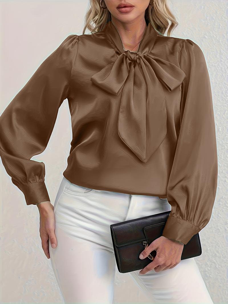 Elegant Satin Blouse with Bow Tie Neck, Fitted Casual Shirt for Work and Dates, Chic Spring & Fall Wardrobe Essential