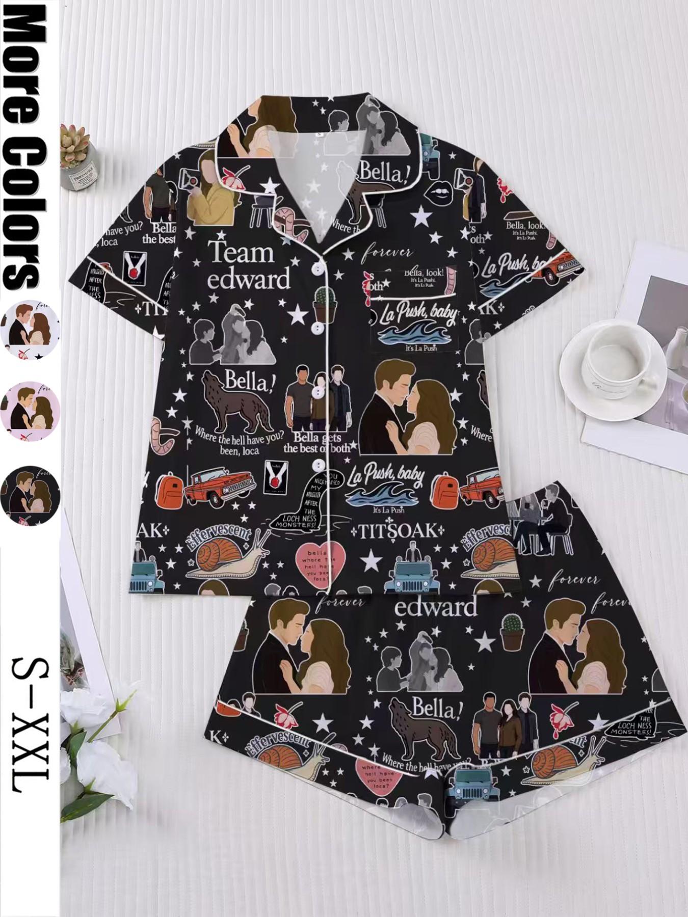 【Valentine's Day Pajamas】 Set, Twilight Print Couple Women Sleepwear, Short Sleeve Button-Up Top & Elastic Shorts, Casual Home Wear