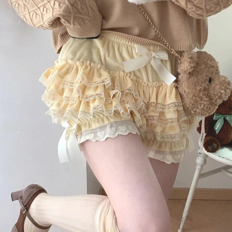 Autumn Winter Warm Lolita Safety Short Pants Women Sweet Chic Plush Bloomers Japanese Y2k Lace Bow Knickers Harajuku Cute Shorts