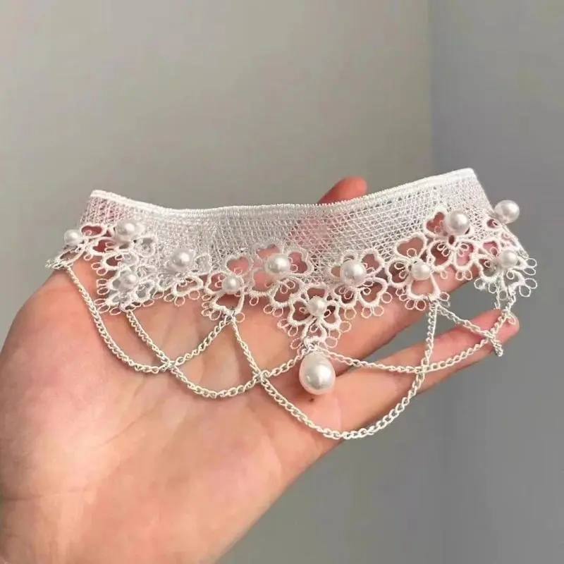 Imitation Pearl White Lace Choker Necklaces Bridal Jewelry Women Wedding tattoo Tassel Punk Style Lace Pendant Choker Necklace