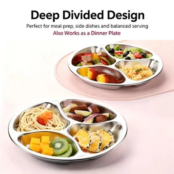 4 Compartment Stainless Steel Divided Plate, Portable Round Food Prep Tray, Reusable Separate Serving Plate for Kitchen Cooking, Camping, Picnic and Meal Prep