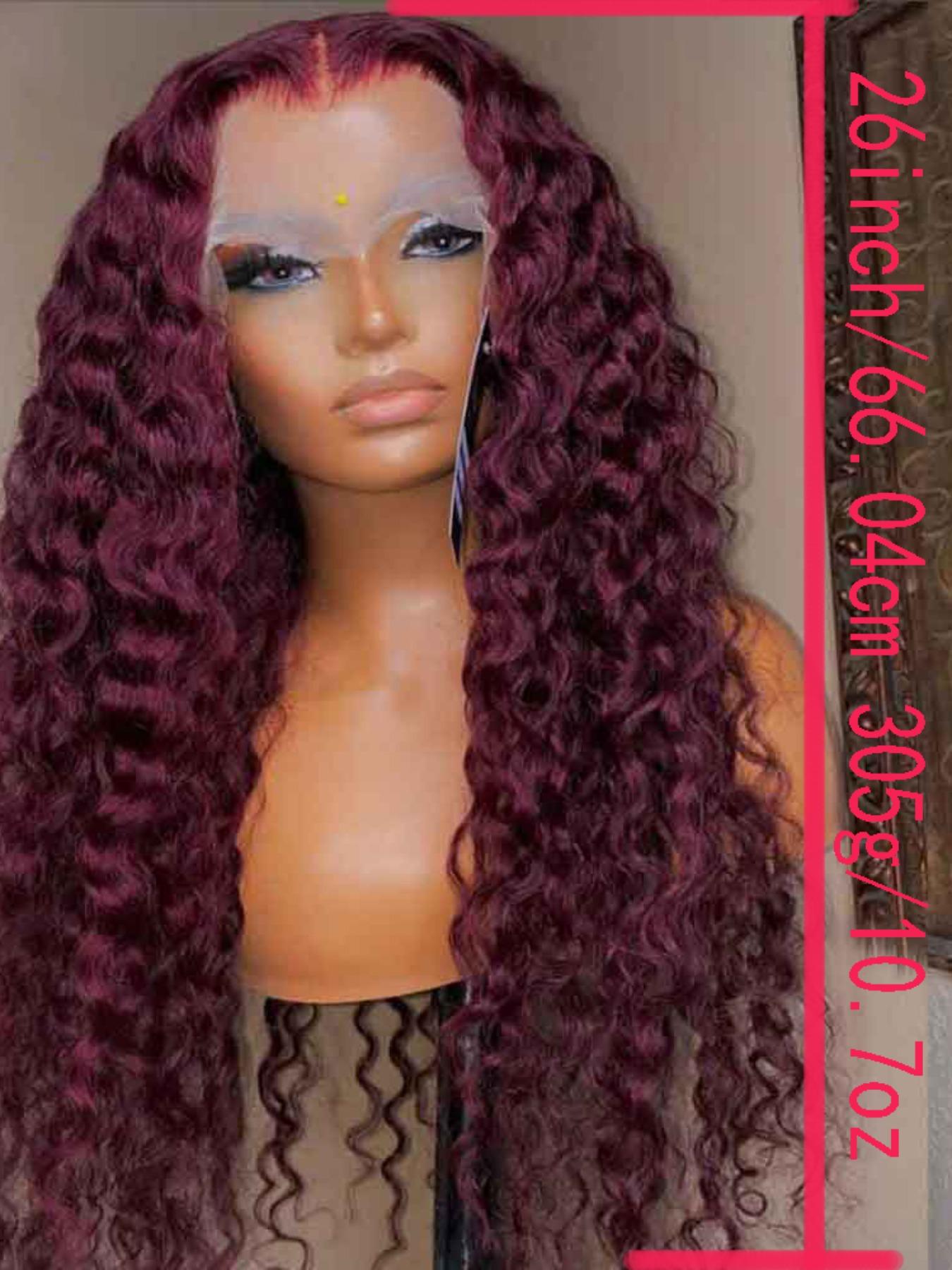 Burgundy Soft Long 26 Inch 180 Density Kinky Curly 99j Wine Red Front Lace Wig, Glueless Heat Resistant Synthetic Hair, Daily Wear Pre-plucked, Curly Afro Wigs