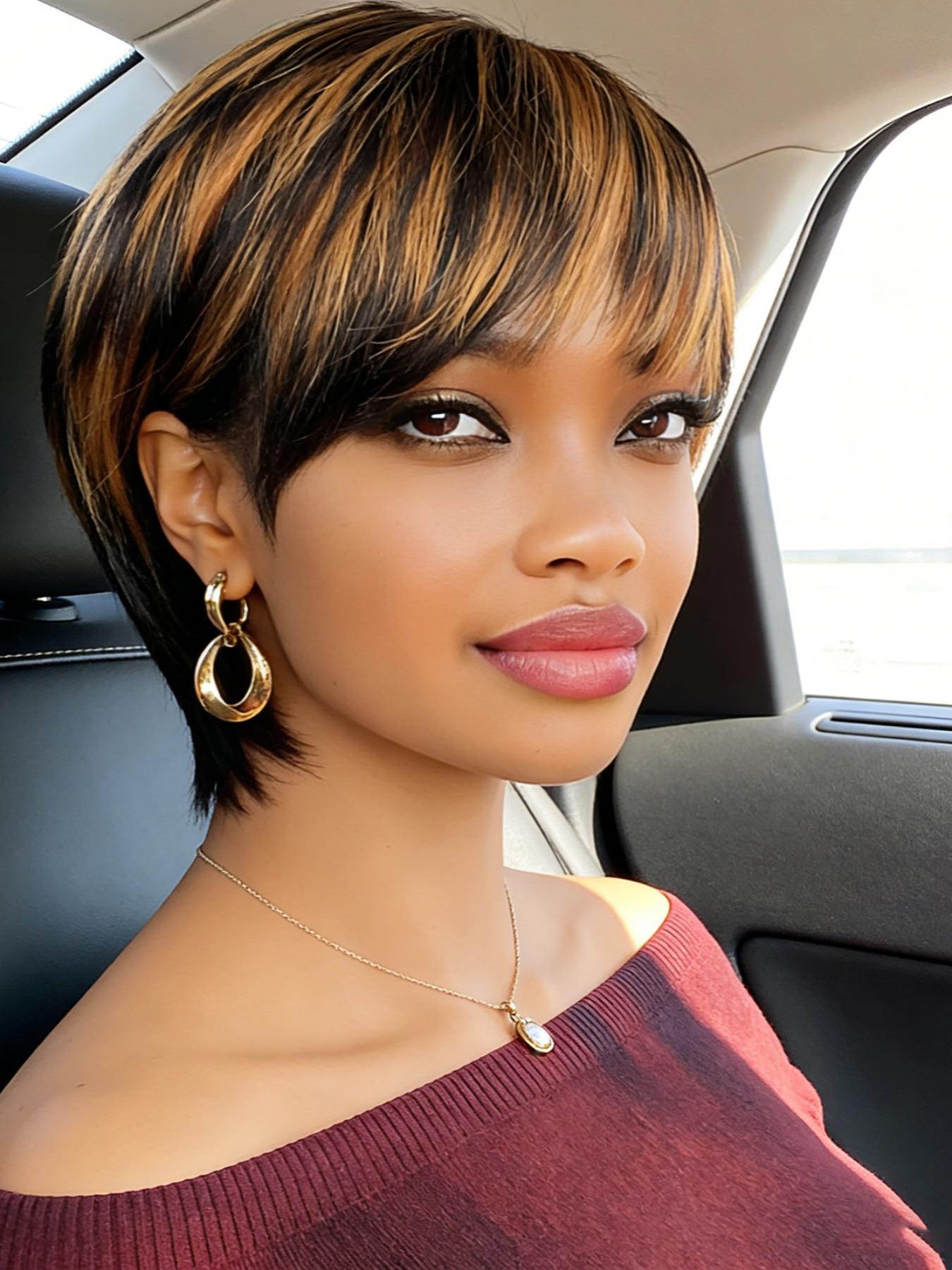 Short 1b/30 Highlight Human Hair True Scalp Wig, Straight Pixie Cut, Full Machine Made, Natural Looking, for Women, Daily Wear