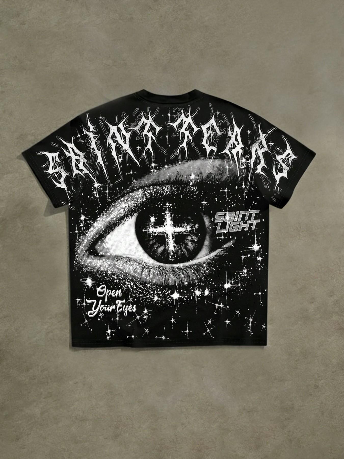 Men's Retro Eye & Cross Graphic Oversized T-Shirt, Gothic Streetwear Top, Long Loose-Fitting Floral Pattern, No Button or Zipper