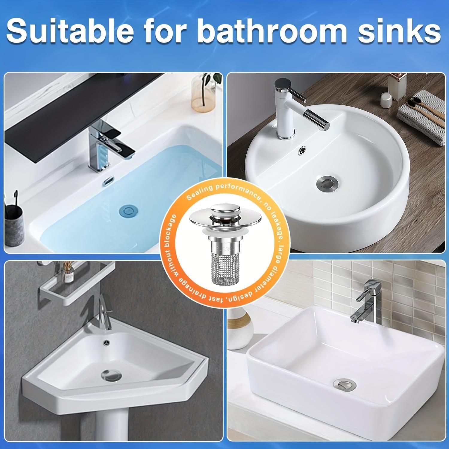 Stainless Steel Pop-Up Sink Drain Filter with Detachable Mesh Basket, Anti-Clog Filter Drain Blocker for Bathtub/Shower, Chemical-Free Hair Collector, Easy Snap-In Plug Replacement, Quick Cleaning