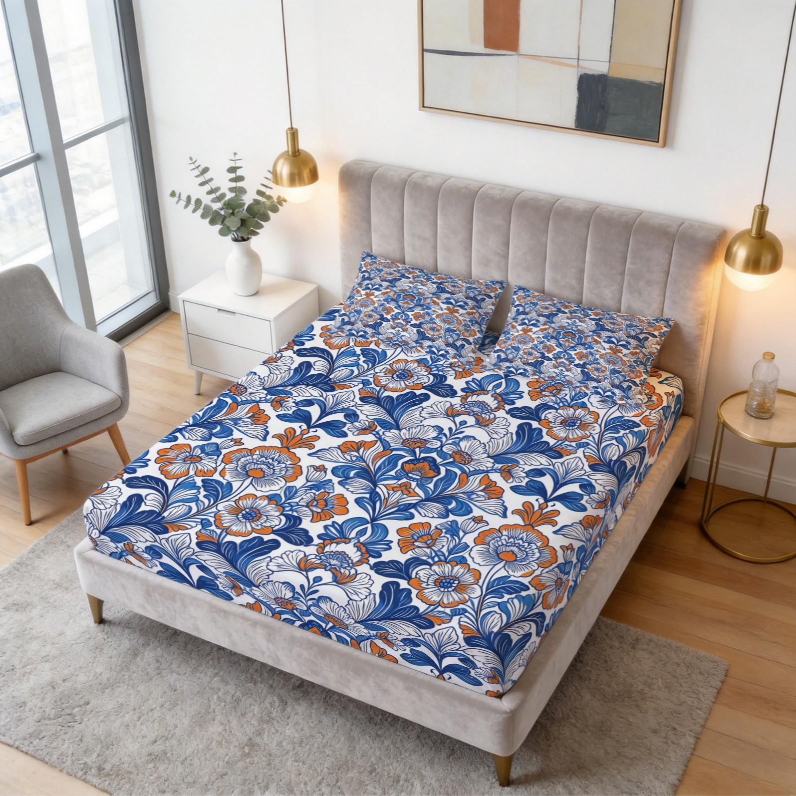 3 Piece Bohemian Blue Orange Floral Fitted Sheet Set, HD Digital Printed Bed Sheet Set, Deep Pocket Soft Bedding Set ( No Inserts) for Bedroom Decor