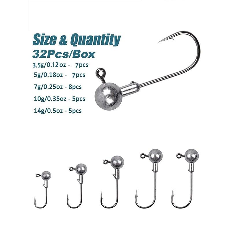 32pcs Mixed Weight Jig Heads 3.5g to 14g for Soft Worm and Hard Lure Fishing, Versatile Fishing Tackle for Outdoor Adventures