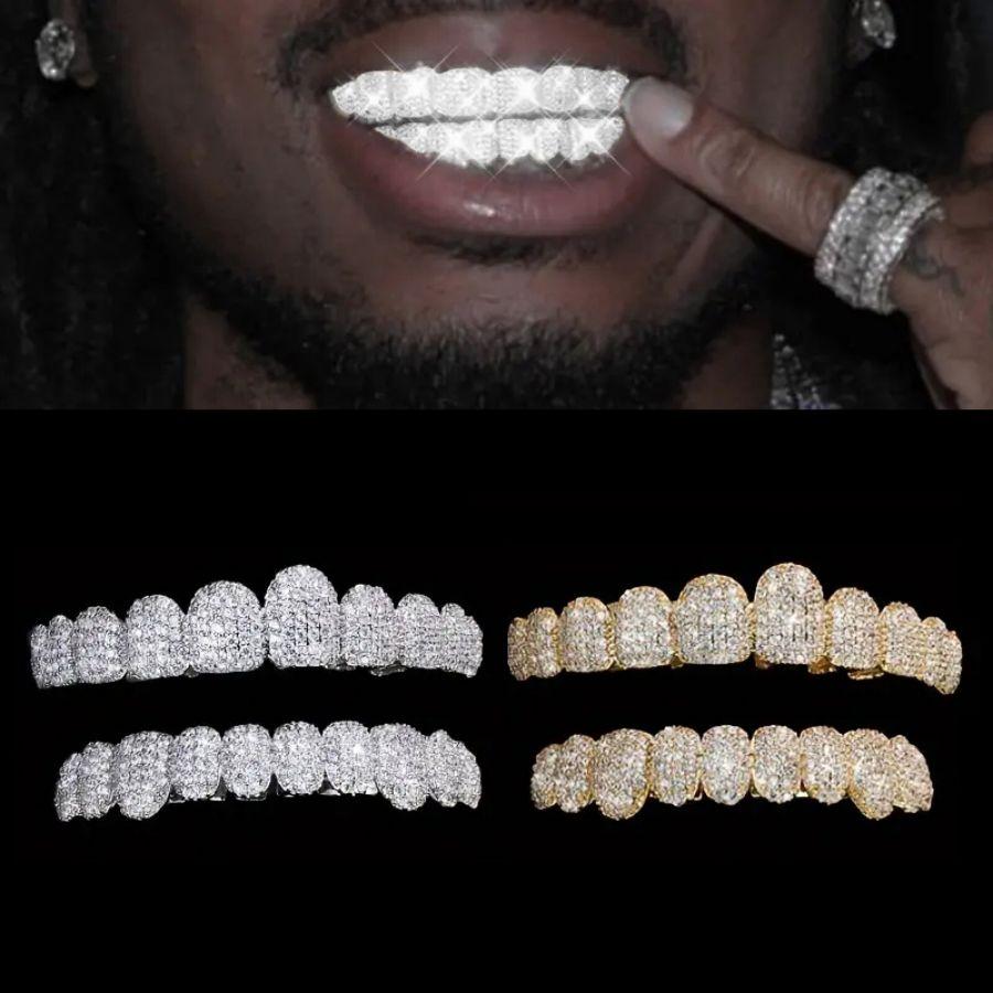 2pcs/set 18k Plated Cubic Zircon Grillz, 10 Teeth Top Bottom Grills, Punk Tooth Braces, Cosplay Rapper Jewelry, All Seasons