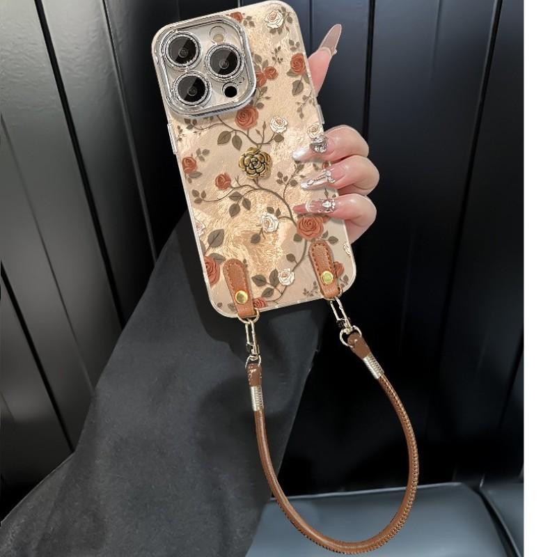 Vintage Rose Phone Case for iPhone 17 Pro Max, Luxury Acrylic Cover with Leather Wrist Strap, Full Camera Protection Shockproof Case, Elegant Floral Aesthetic for Women Girls