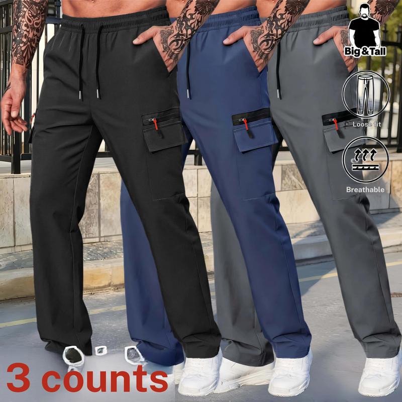 3PC Large Size Men's Work Pants, Lightweight, Quick Drying, Breathable Pants, Decorative Zippers, Practical Pockets, Elastic Drawstring Waist, Elastic Ankle Hem, Suitable for Casual Outdoor Activities