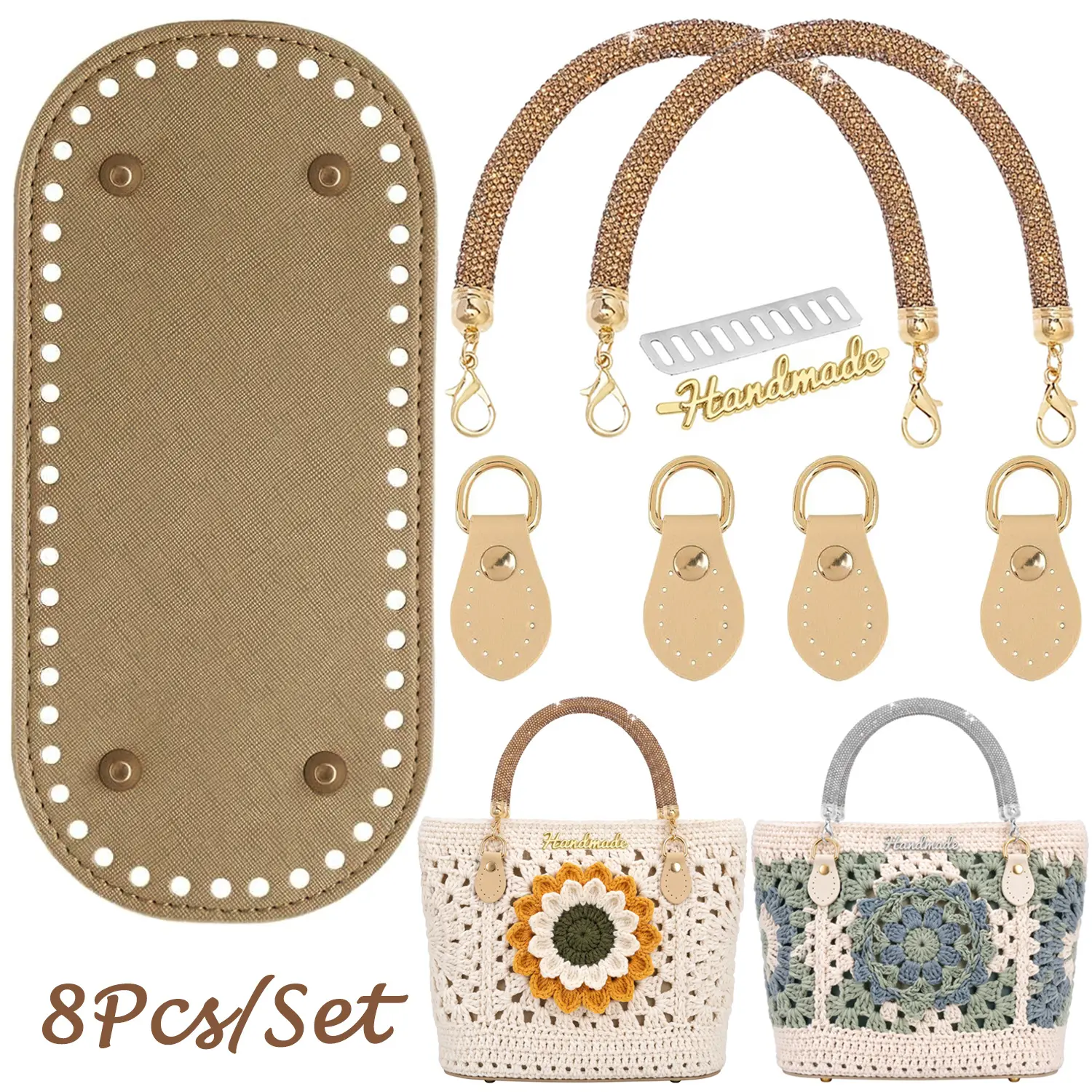 8pcs Handmade Bag Making Set, Including 2 Rhinestone Handbag Handles with Lobster Clasps + 4 Bag Strap Attachment Hooks + 1Pc Pu Leather Bag Base +1Pc Handmade Metal Labels for Diy Handbag Bag Making Supplies, Diy Bag Accessories
