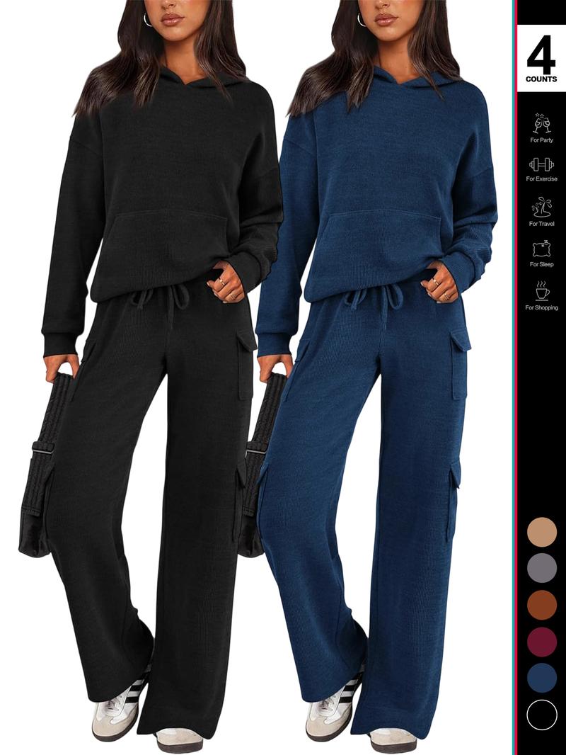 2026 Womens Fall Outfit 2-Piece Knitted SetsHoodie Tracksuits Wide Leg Pants With Pocket AndDrawString Long Sleeve Hooded Kangoroo Pocket TopsKnitwear Sporty Loungwear, Womenswear Travel Outfit
