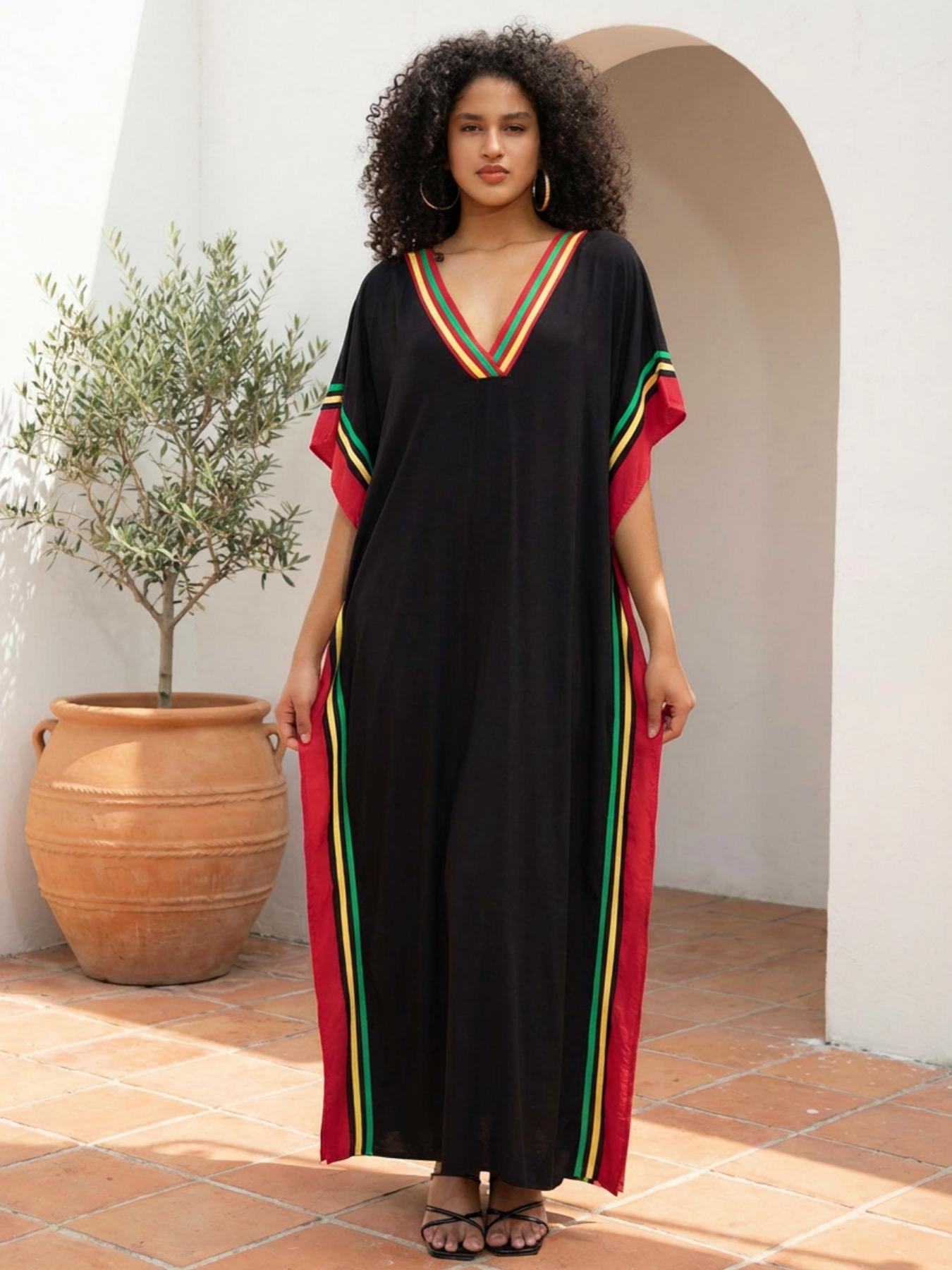 EDOLYNSA Striped Women's Casual Kaftan Long Dress Oversized Chic Bohemian House Robe Beachwear Vacation Bathing Suit Cover Up Lounge Wear