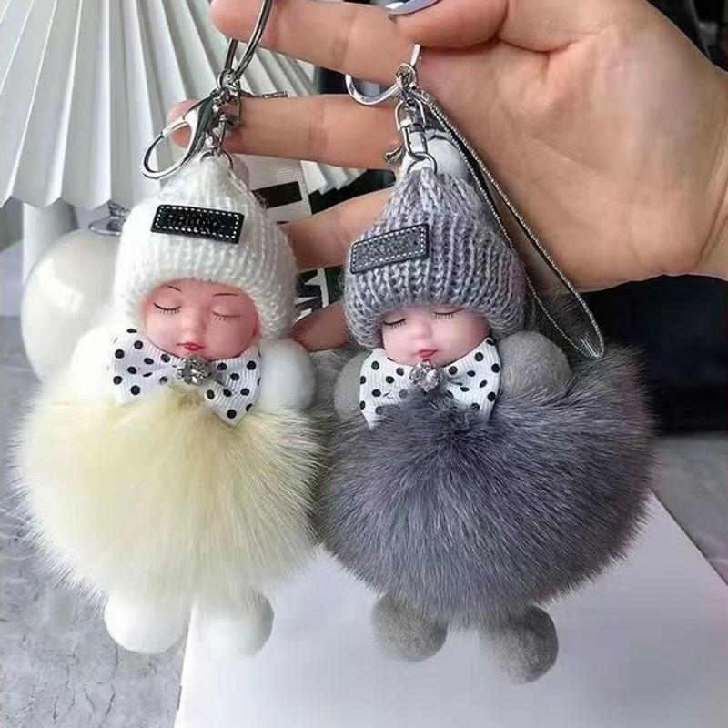 2-Pack Cute Fluffy Plush Sleepy Doll Keychain For Women | Kawaii Bag Car Key Ring Pendant Trinket Gift