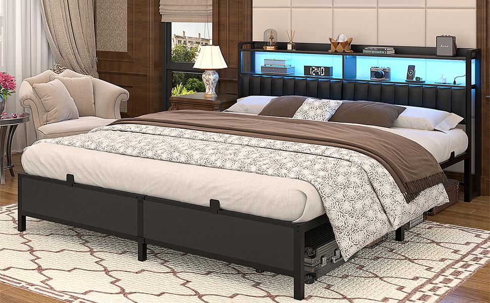 Bed Frame with Adjustable Upholstered Leather Headboard ＆ Charging Station ＆ LED Lights,Steel Slat Support,Modern Bedroom Apartment Interior Furniture Outdoorfun