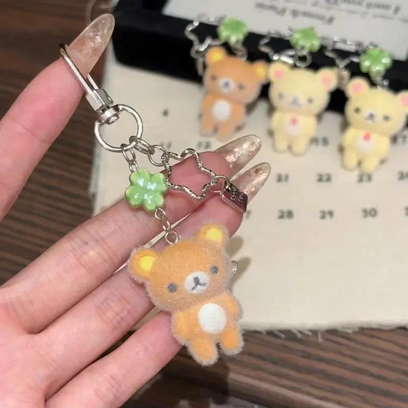 Kawaii Rilakkuma Flocked Mini Bear Keychain Four-Leaf Clover Backpack Pendant Cartoon Animal Phone Lanyard Toy Creative Fun Gift