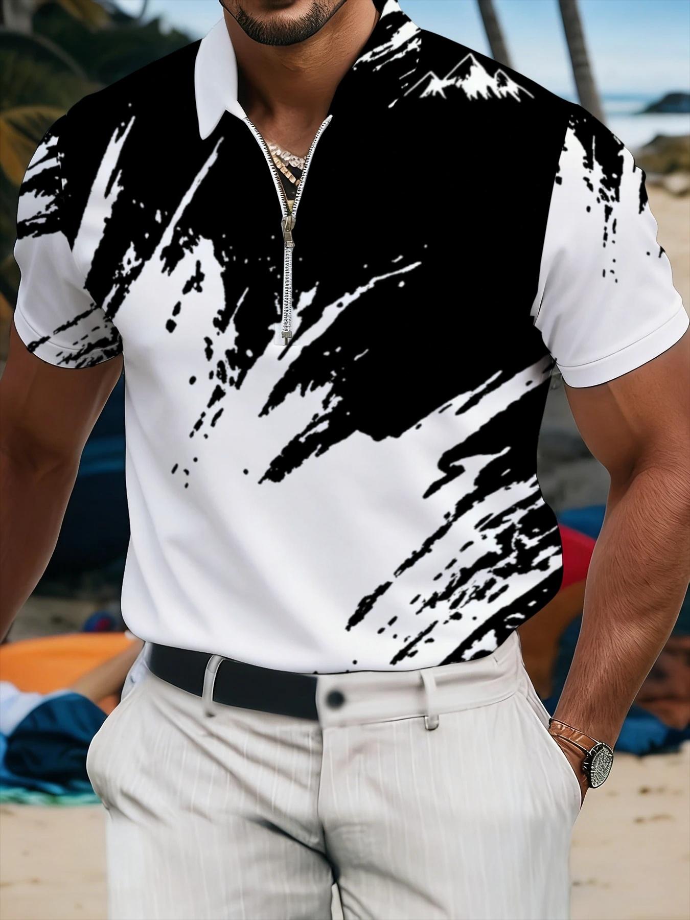 Men's Black & White Splash Ink Printed Short Sleeve Polo Shirt, Casual Fashion Trendy Top, New Summer Lapel Style