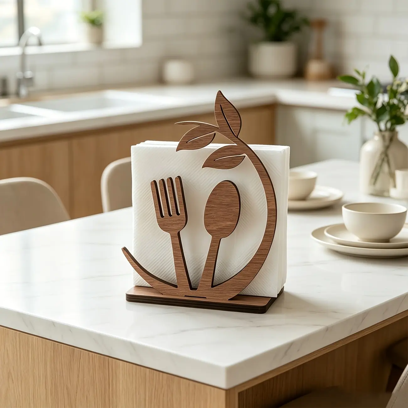 1Pc Wooden Leaf Napkin Holder, Rustic Natural Wood Napkin Rack with Leaf Cutout Pattern, Forest Style Table Decor for Kitchen, Dining Room, Cafe & Restaurant